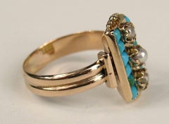 Early Victorian 14 Karat Rose Gold Turquoise Pearl Double Band Ring