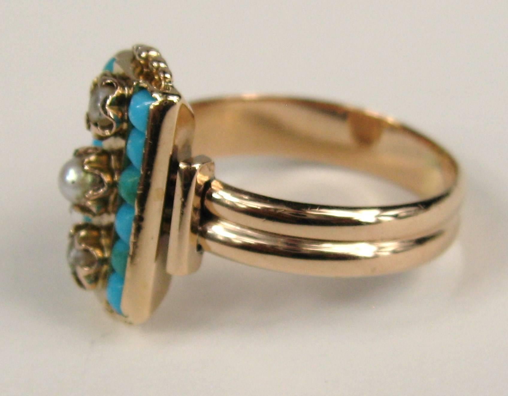 Early Victorian 14 Karat Rose Gold Turquoise Pearl Double Band Ring In Good Condition For Sale In Wallkill, NY