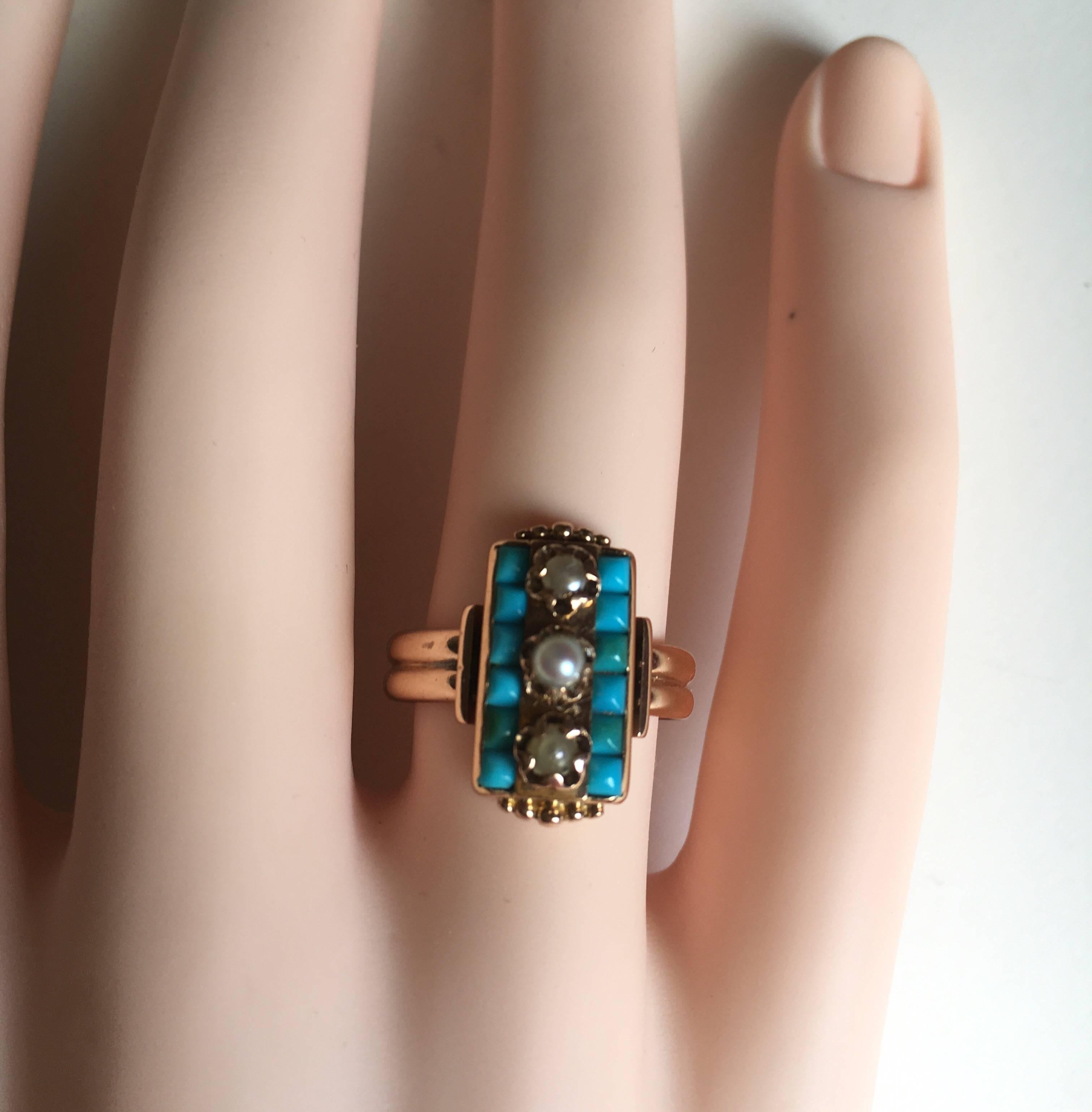 Early Victorian 14 Karat Rose Gold Turquoise Pearl Double Band Ring For Sale 2