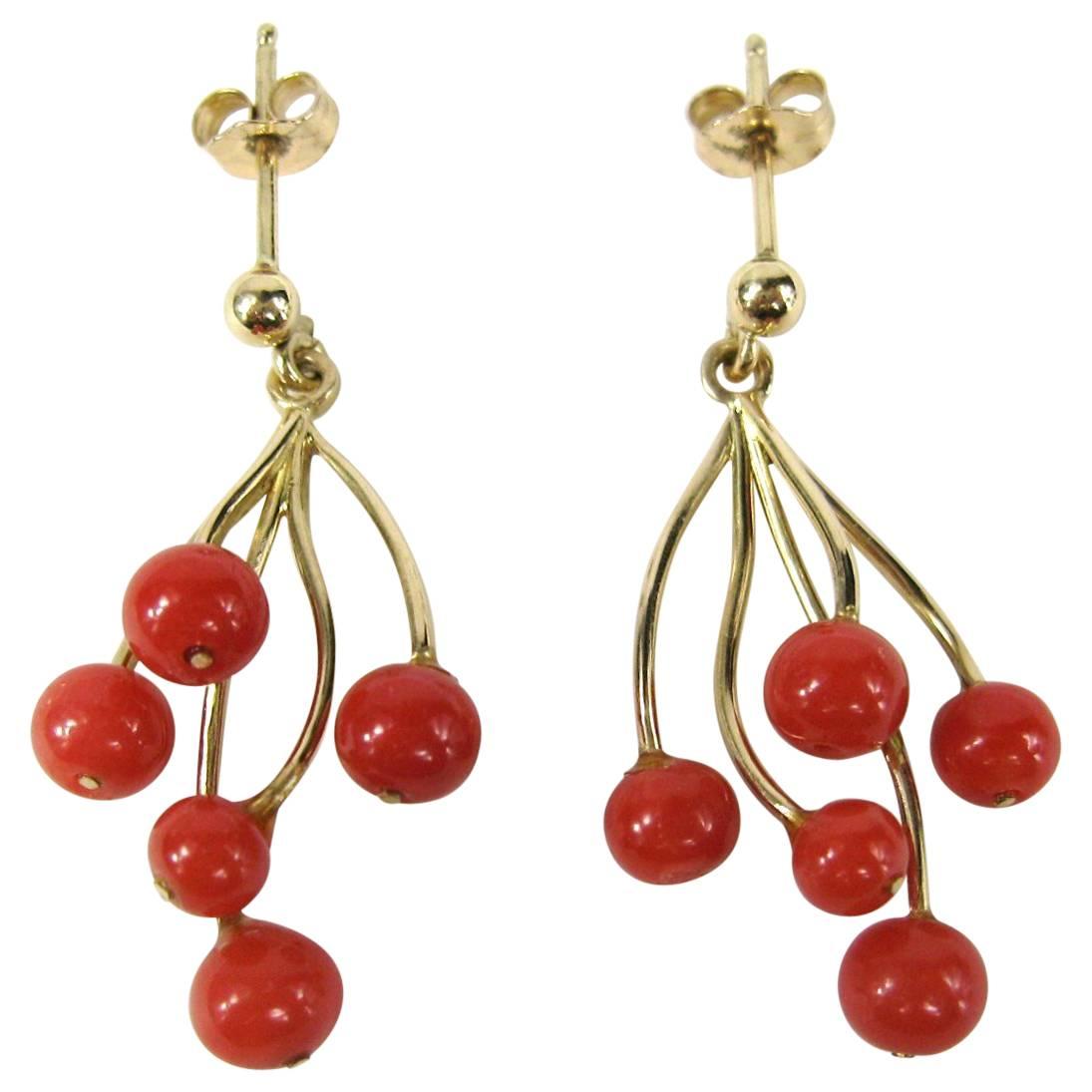 Red Coral 14 Karat Gold Free-Form Branch Earrings For Sale