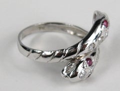 Double Headed 14 Karat White Gold Snake Ring Diamond and Ruby Unisex