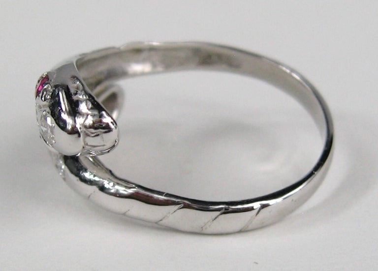 Double Headed 14 Karat White Gold Snake Ring Diamond and Ruby Unisex ...