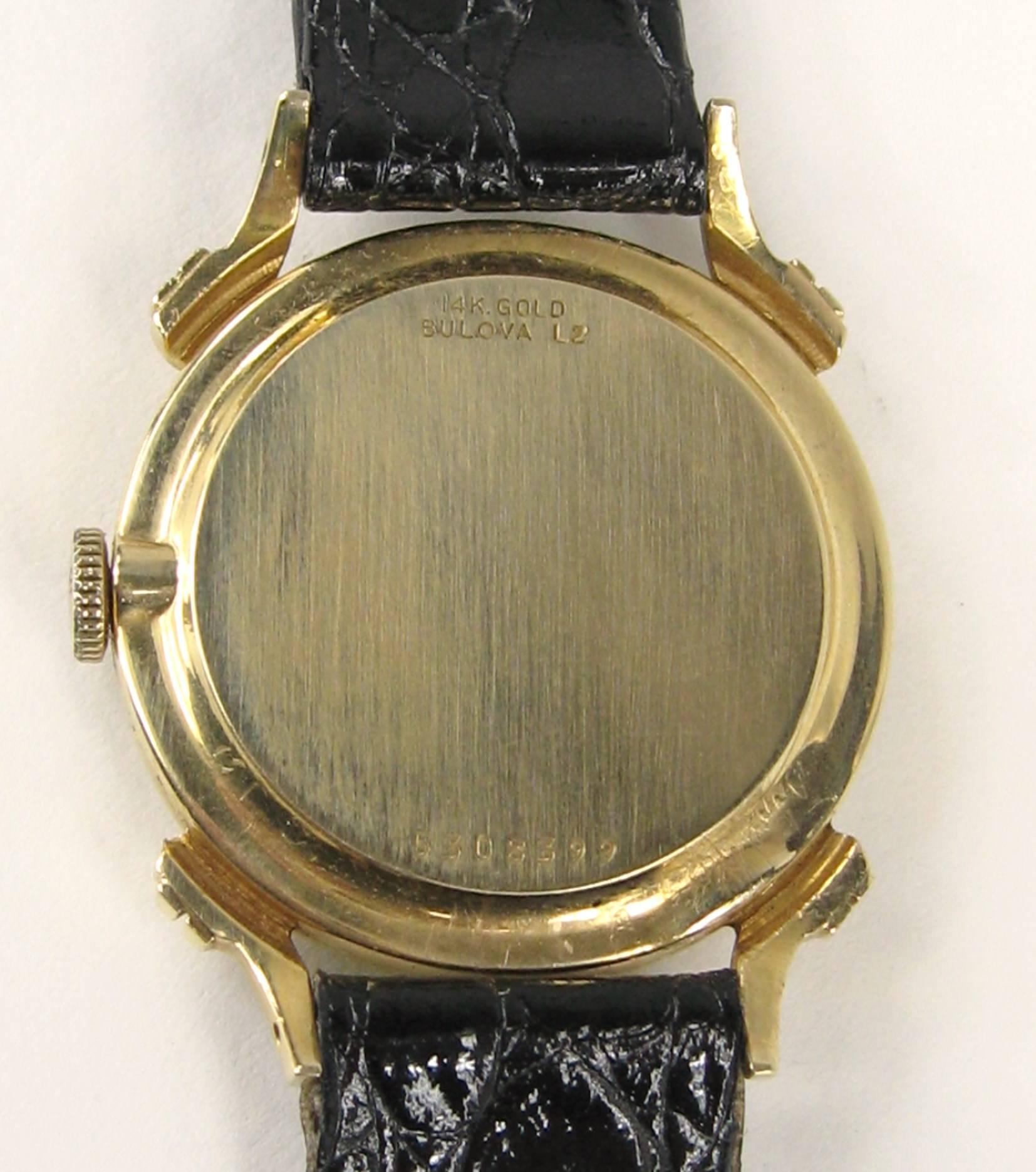 Herrenarmbanduhr von Bulova aus 14 Karat Gelbgold, 1950er Jahre im Angebot 1