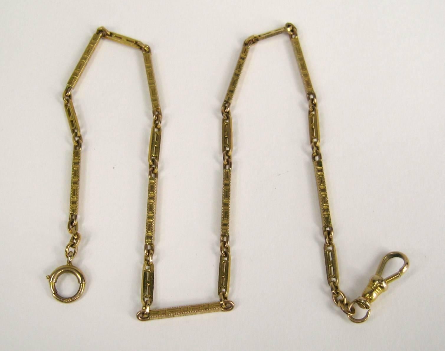 Stunning links on this early 10K gold Watch Chain. Measuring approximately 13.88 long end to end. Links measure .60 and .36. You can certainly add an extension on the back and wear as a Necklace. What more can you ask for? Think outside the box!