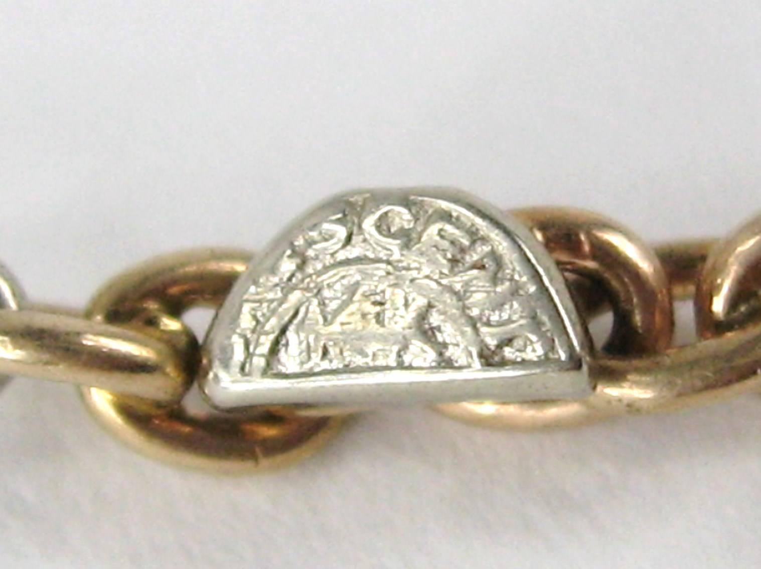 Ancienne chaîne de montre à gousset en or rose et blanc 14 carats avec bouton de poche en vente 1