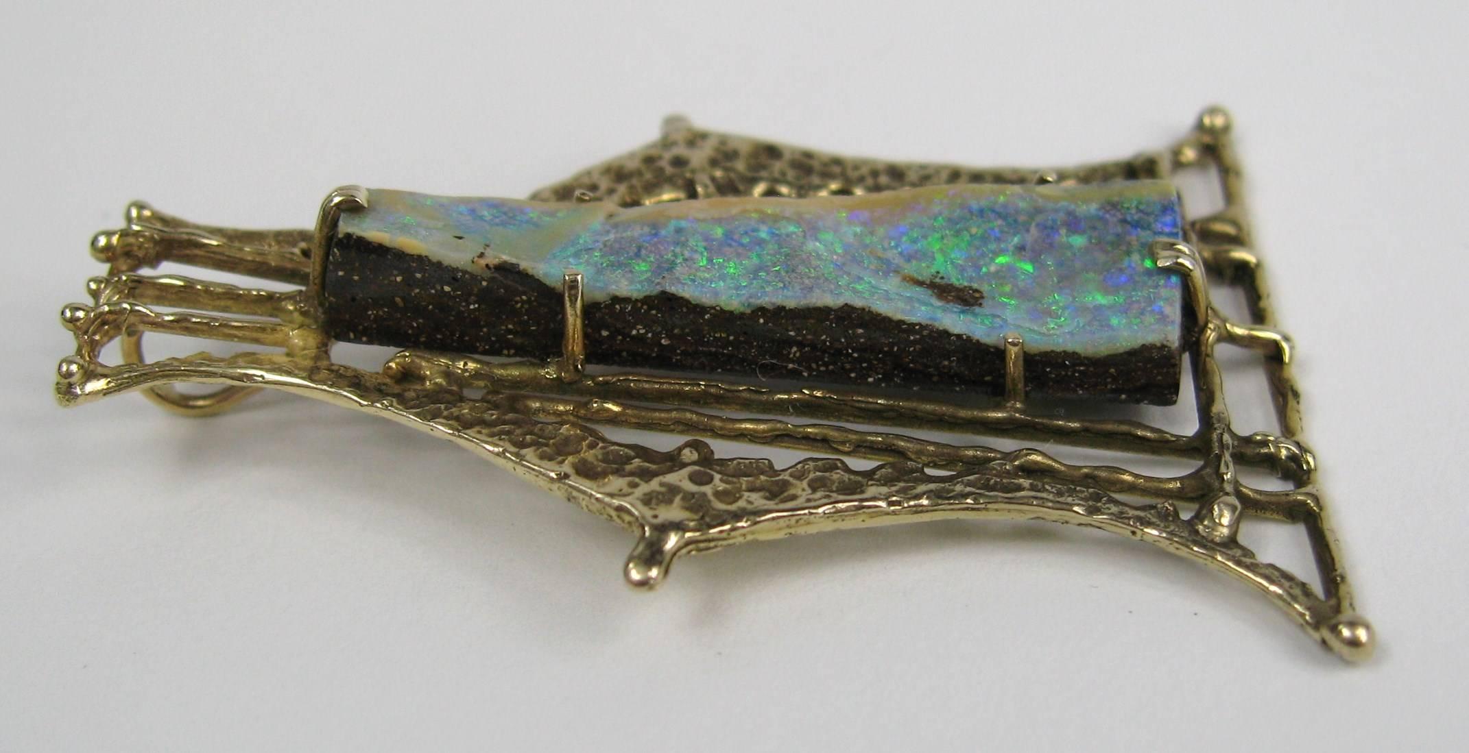 14 Karat Gold and Opal Brutalist Custom Made Pendant In Good Condition In Wallkill, NY