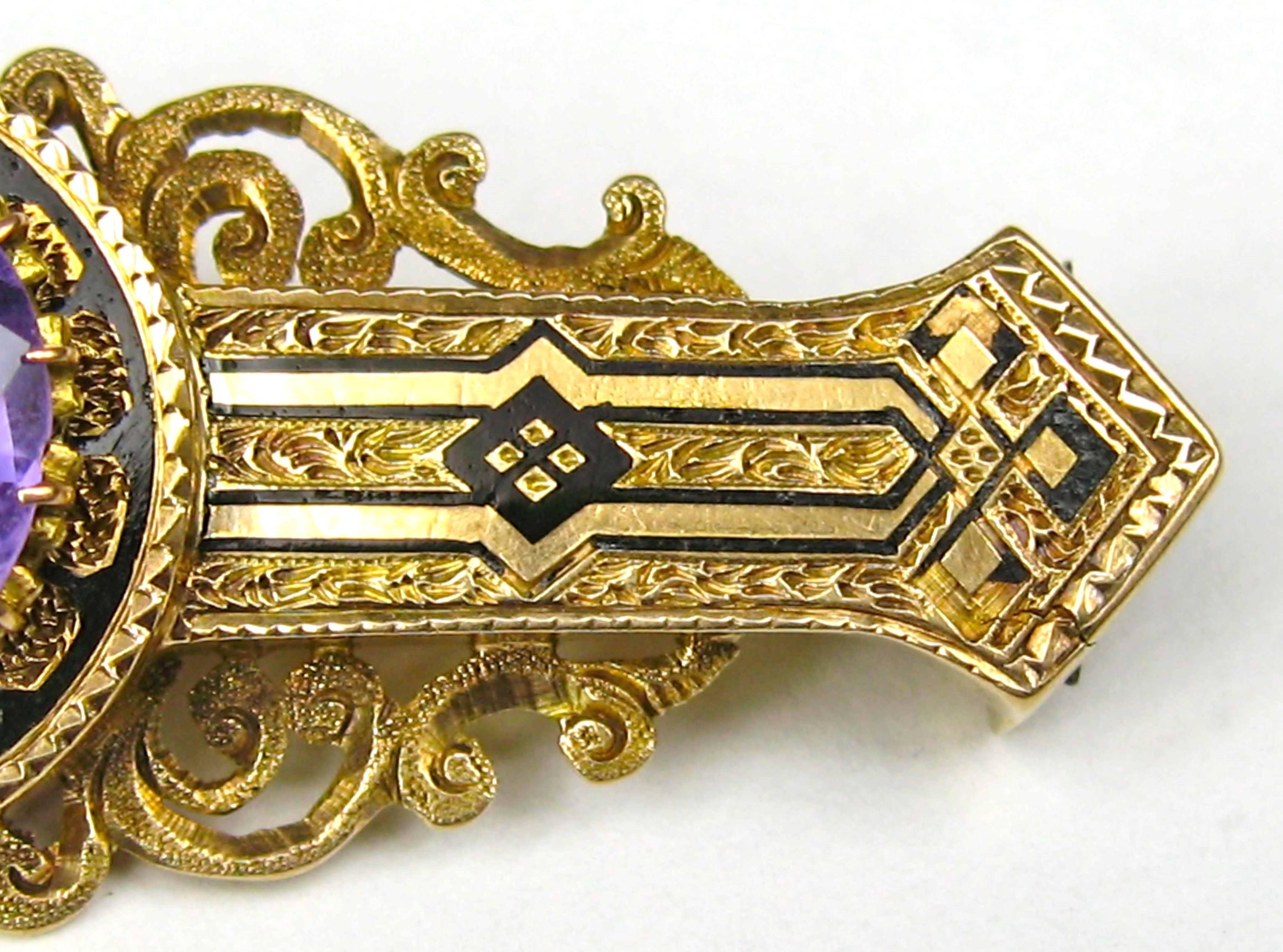 Victorian 14 Karat Gold Enamel Amethyst Bar Pin Brooch In Good Condition In Wallkill, NY