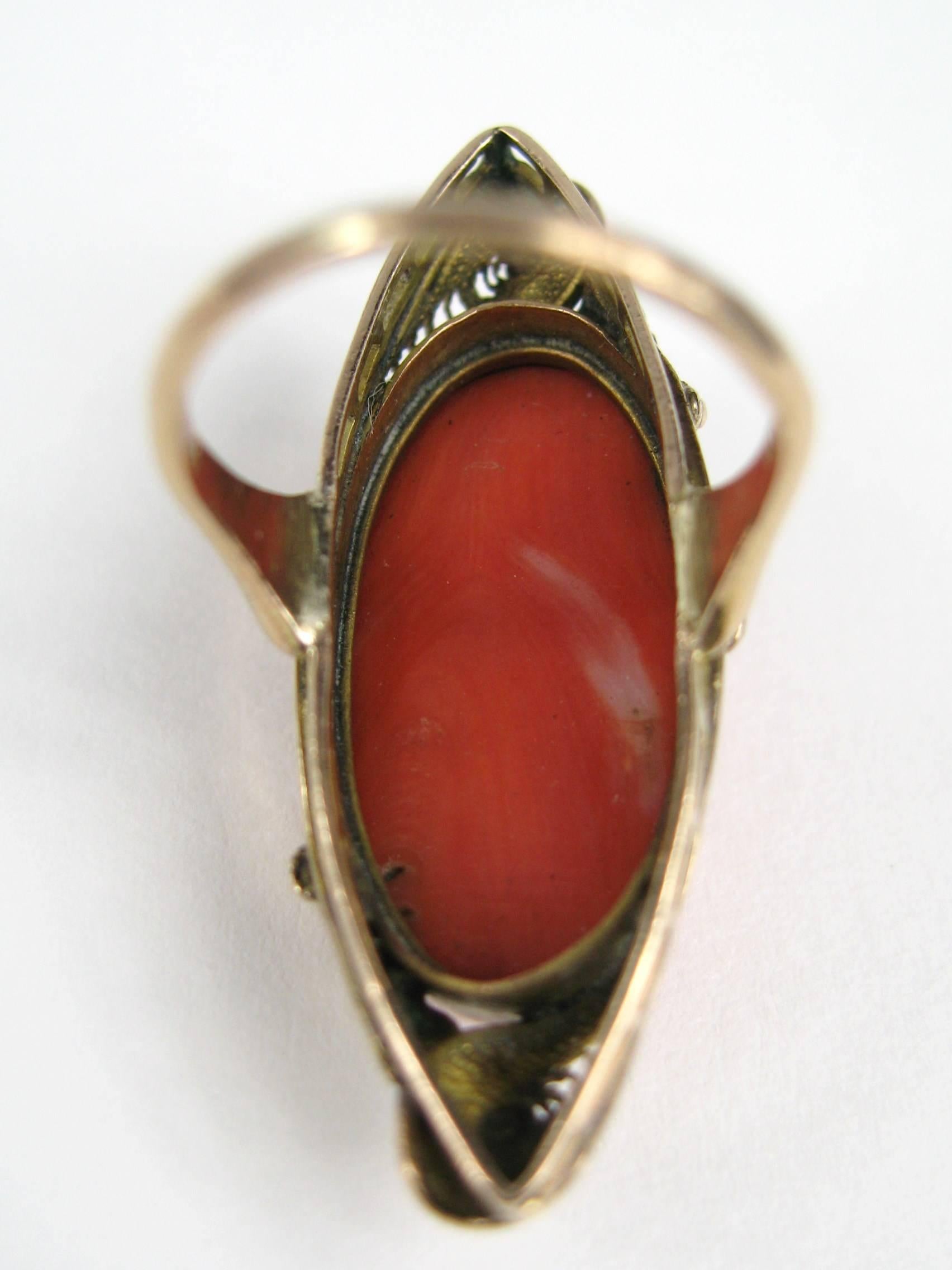 Oval Cut Red Coral Cameo Oval 10 Karat Gold Ring, Hand Carved For Sale