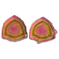 Coppia di fette di tormalina bicolore rosa e verde, naturale e rara, per orecchini