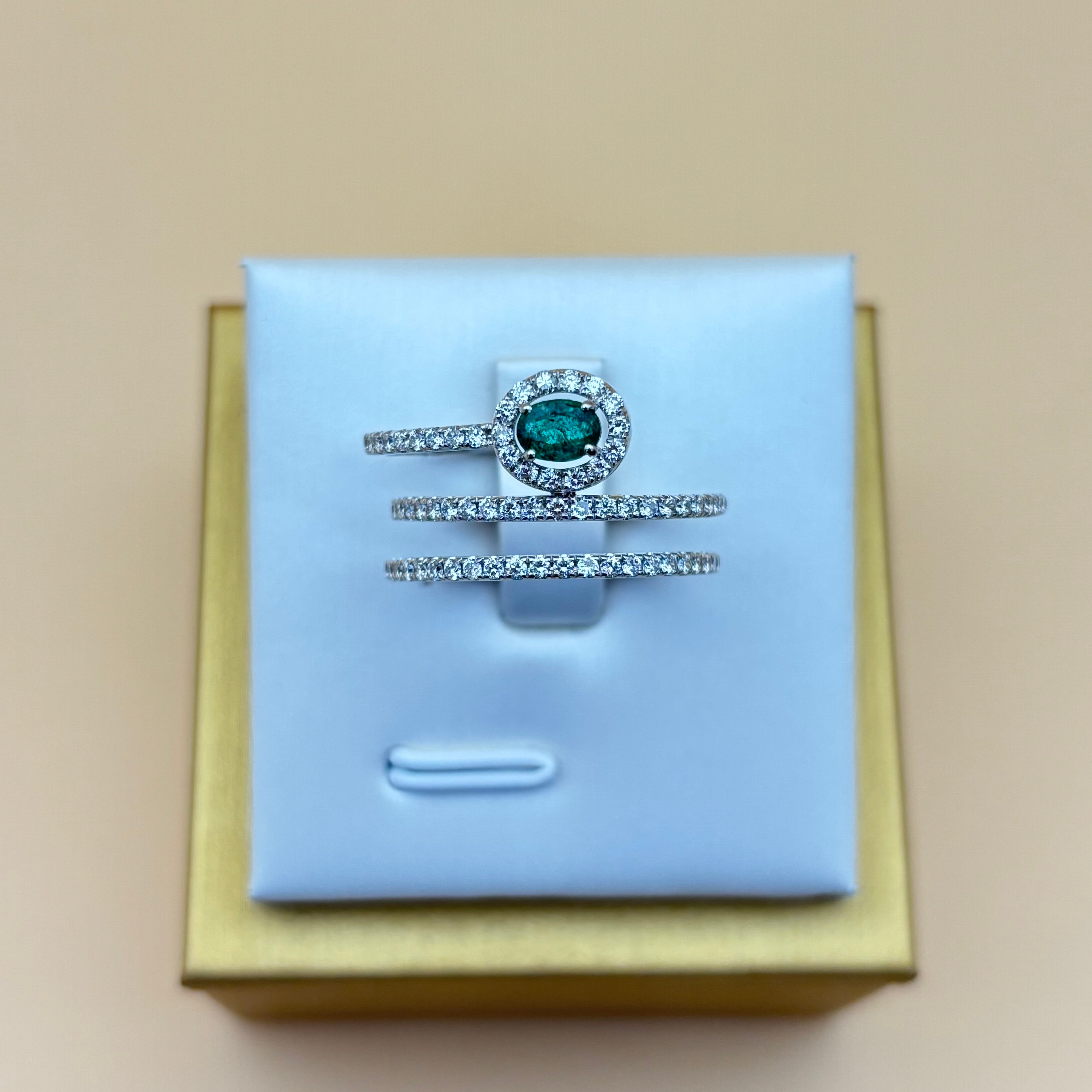New Solid 18K White Gold Emerald and Diamond Triple-Band Ring For Sale