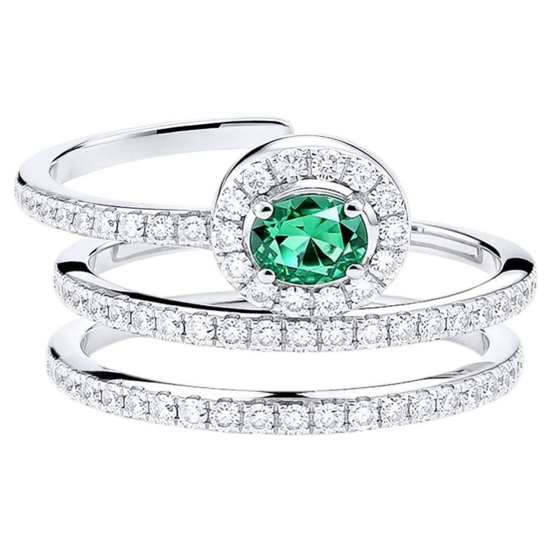 New Solid 18K White Gold Emerald and Diamond Triple-Band Ring