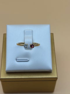 New Solid 18K Yellow Gold Natural Ruby & Aquamarine Toi et Moi Bypass Ring