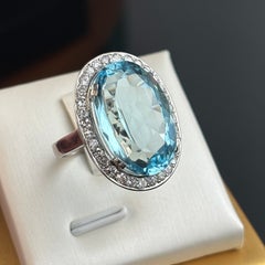 11.00 Carat Natural Oval Aquamarine & Diamond Halo Cocktail Ring in Solid 18K