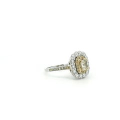 Cushion Cut 1.46ct Yellow Diamond Double Halo Ring in 18K White Gold