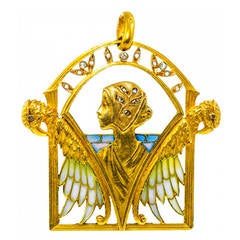 Masriera Art Nouveau Enamel Diamond Gold Plique-a-Jour Pendant