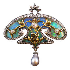 Art Nouveau Pearl Opal Diamond Brooch