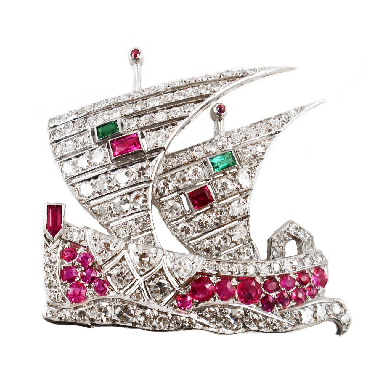 Art Deco Ruby Emerald Diamond Platinum Boat Brooch For Sale