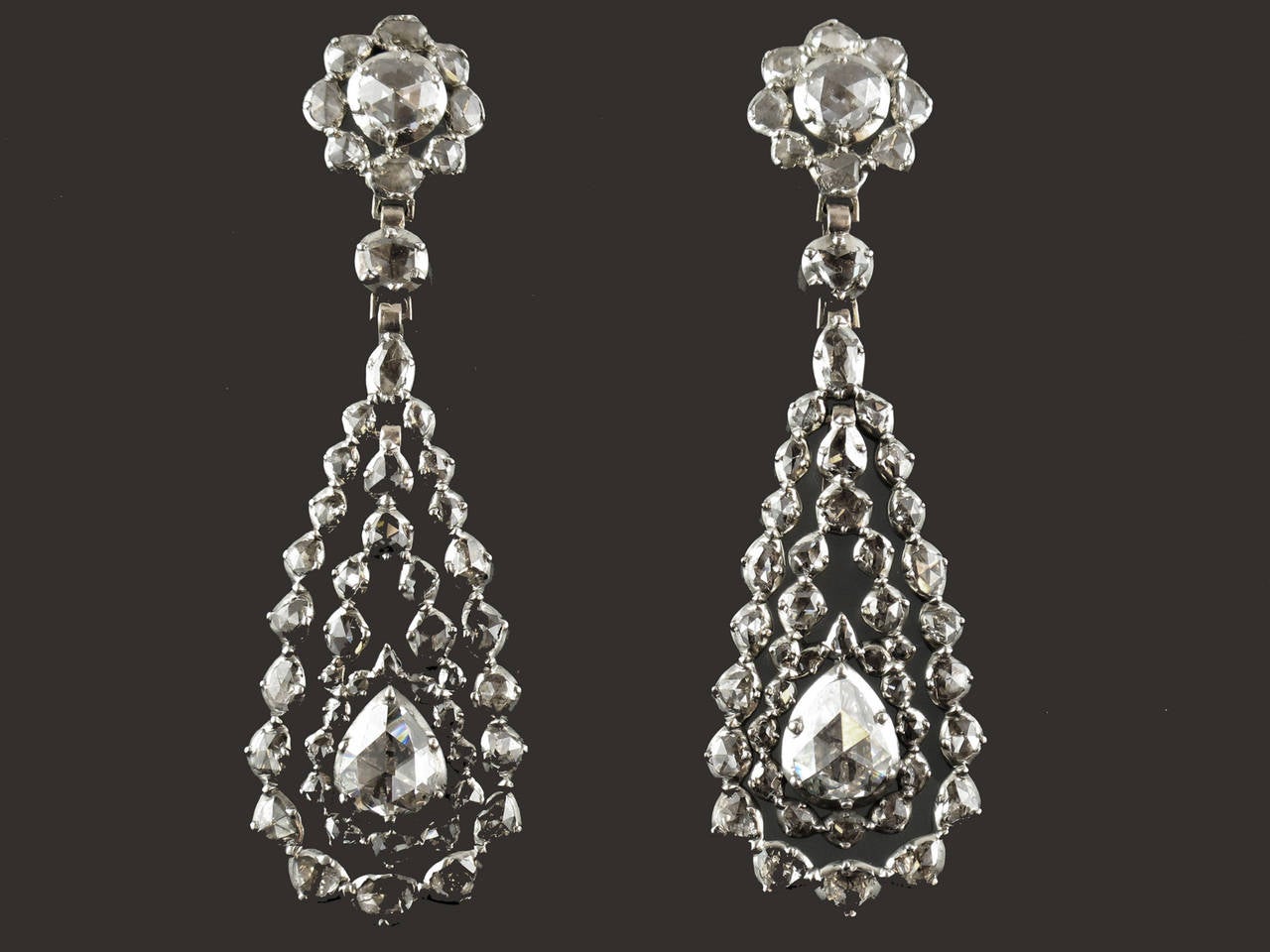 A pair of very fine Georgian silver topped, yellow gold rose-cut diamond earrings. Pendeloque design. Probably Dutch, late XVIII Century.