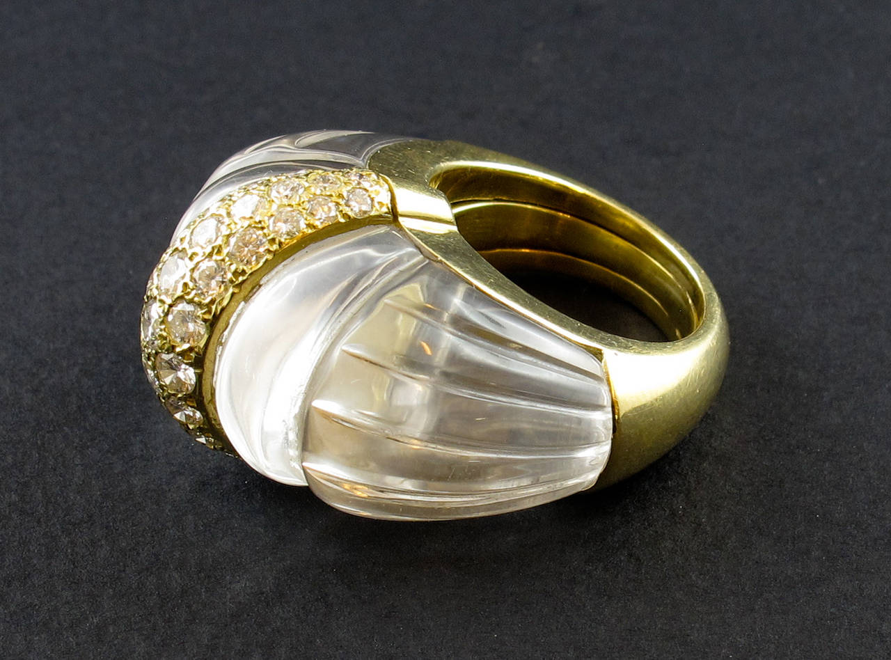 Women's David Webb Rock Crystal Diamond Gold Cocktail Ring For Sale