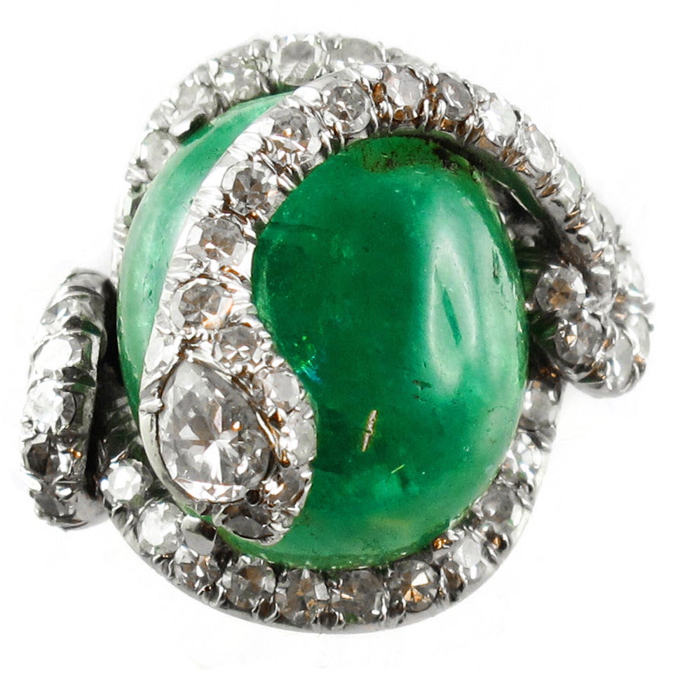 1940s Italian Emerald Diamond Platinum Snake Ring