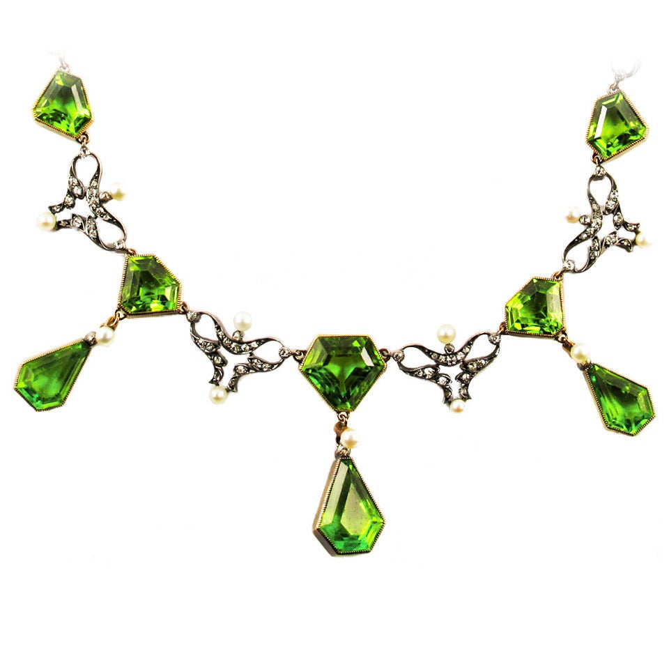 Art Nouveau Peridot Pearl Diamond Silver Gold Drop Necklace For Sale