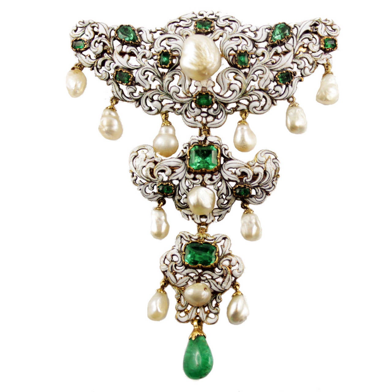 Antique Enamelled Emerald Pearl Gold Corsage Brooch