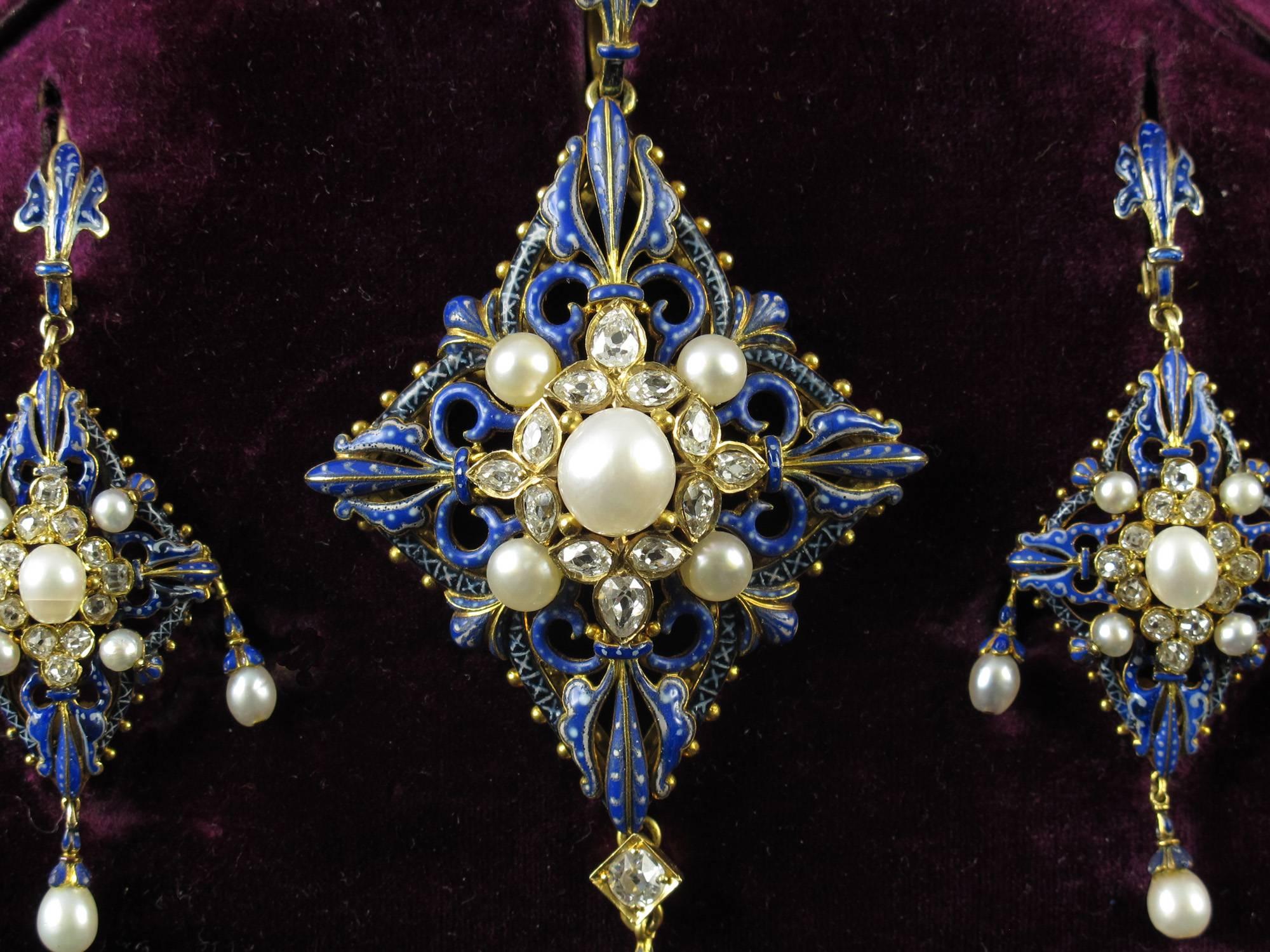 Renaissance Revival C. Giuliano Enamel Pearl Diamond Gold Demi-Parure For Sale