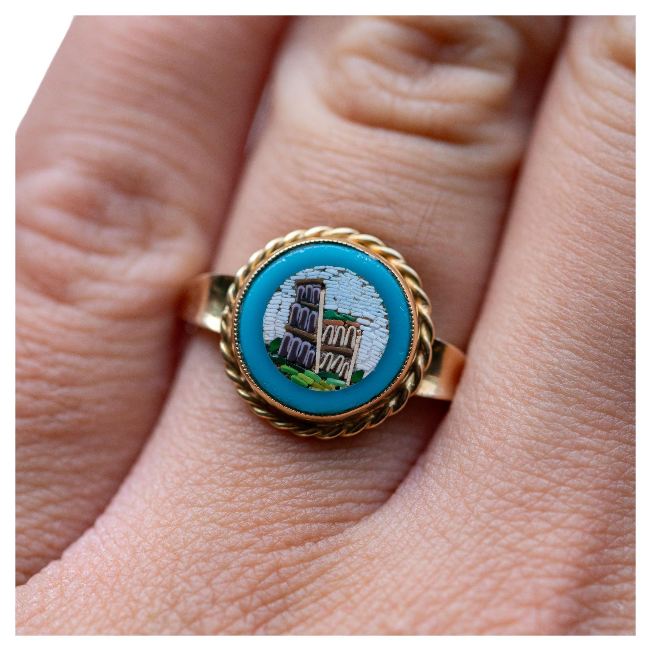 1880
s Victorian Colosseum Micro Mosaic Ring in 14K Solid Gold Italian Souvenir