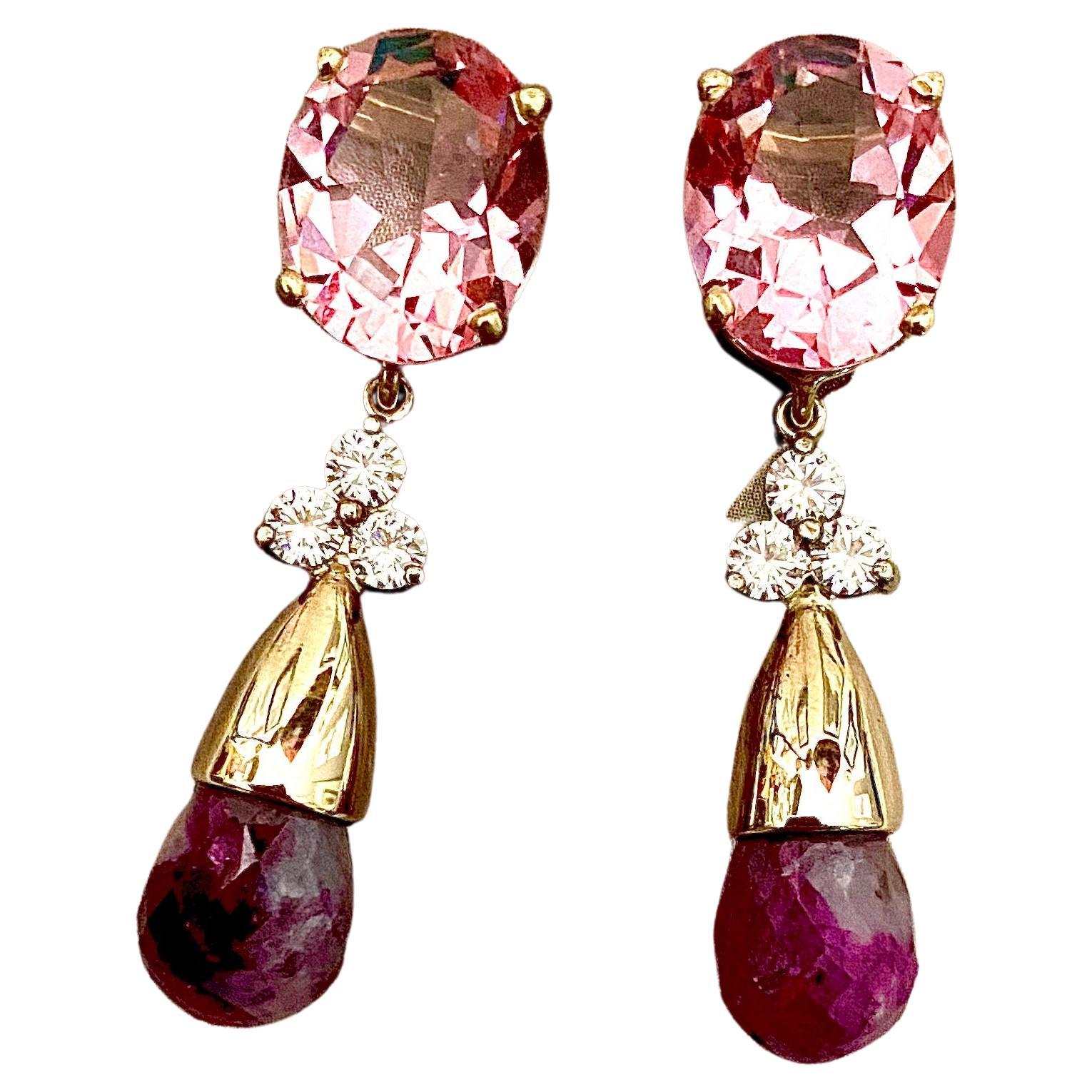 Michael Kneebone Pink Topaz Diamond Ruby in Quartz Briolette Dangle Earrings