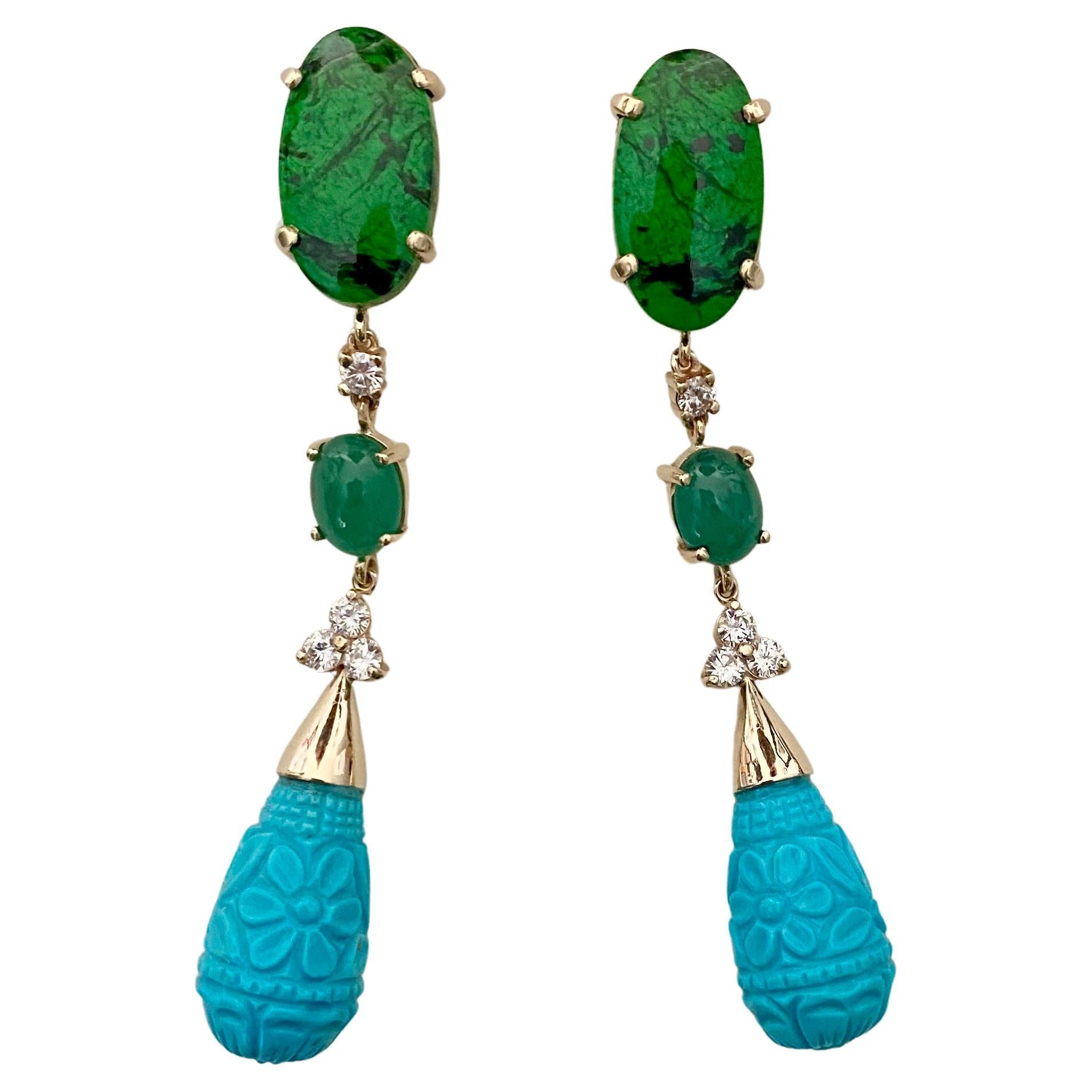 Michael Kneebone Maw Sit Sit Jade Emerald Turquoise Diamond Dangle Earrings