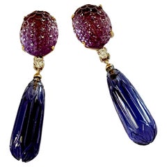 Michael Kneebone Carved Amethyst Carved Kyanite Diamond Dangle Earrings