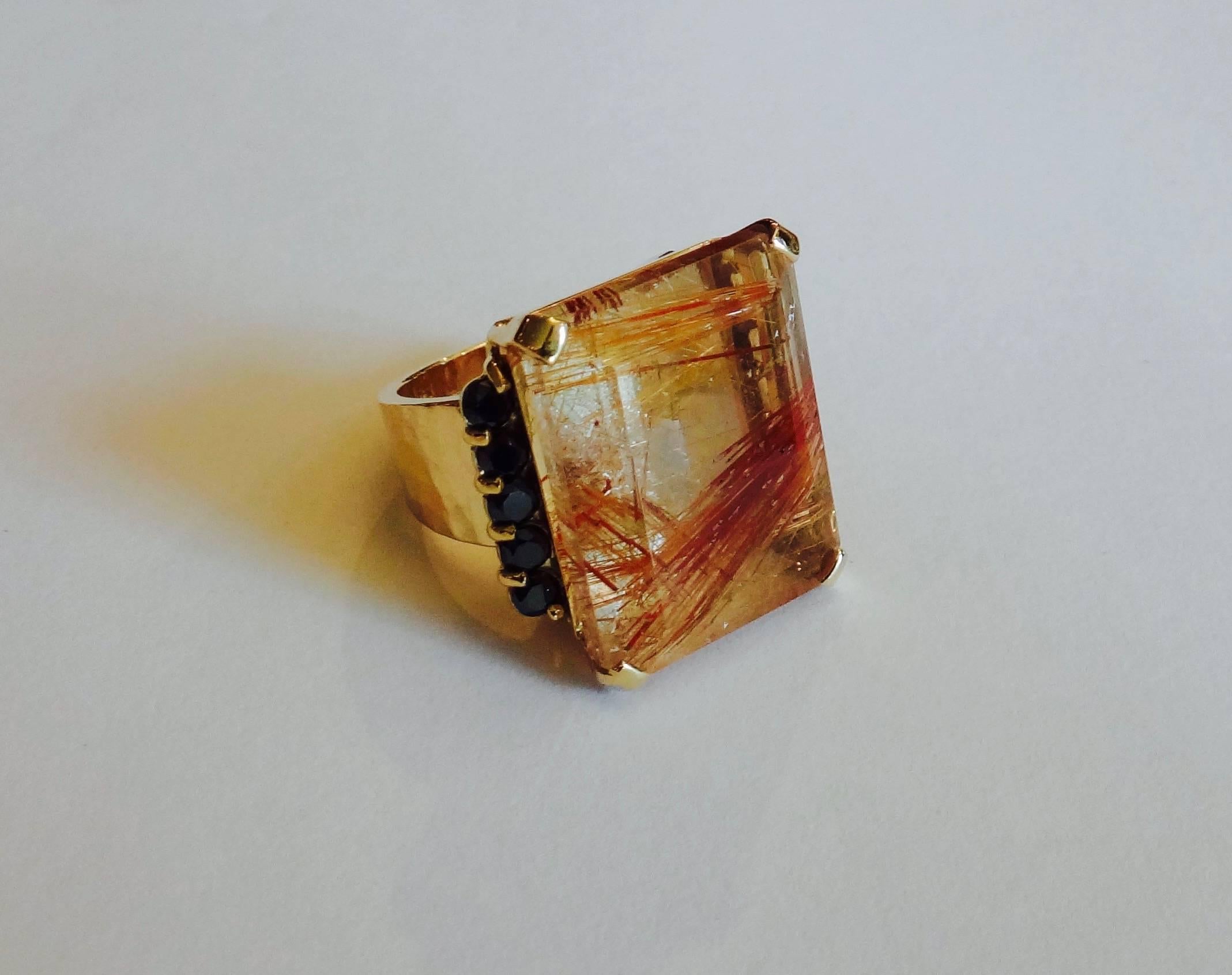 Contemporary Michael Kneebone Rutilated Quartz Black Diamond Hammered Gold Ring