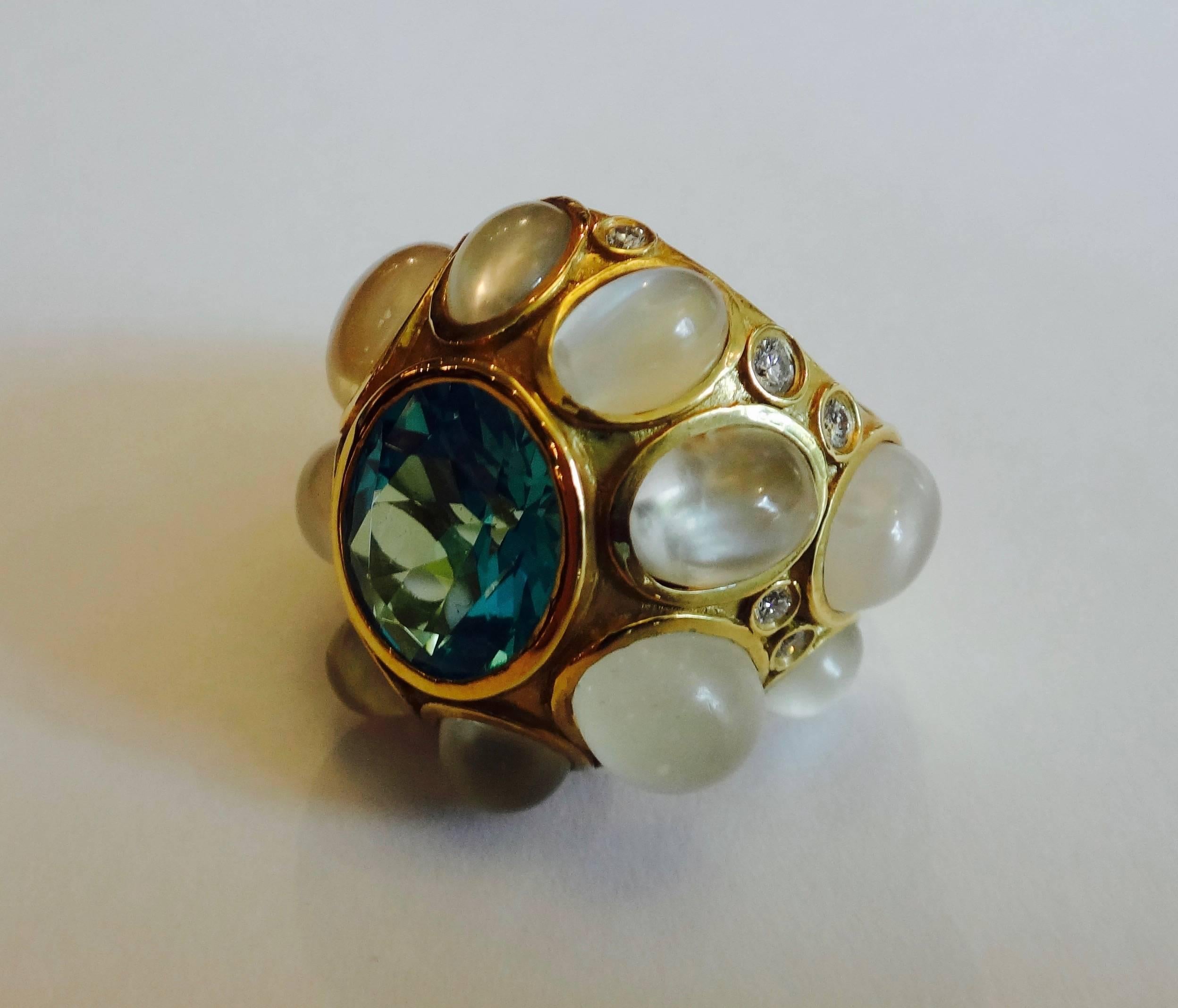 Contemporary Blue Topaz Cat's Eye Moonstone Diamond Gold Ring
