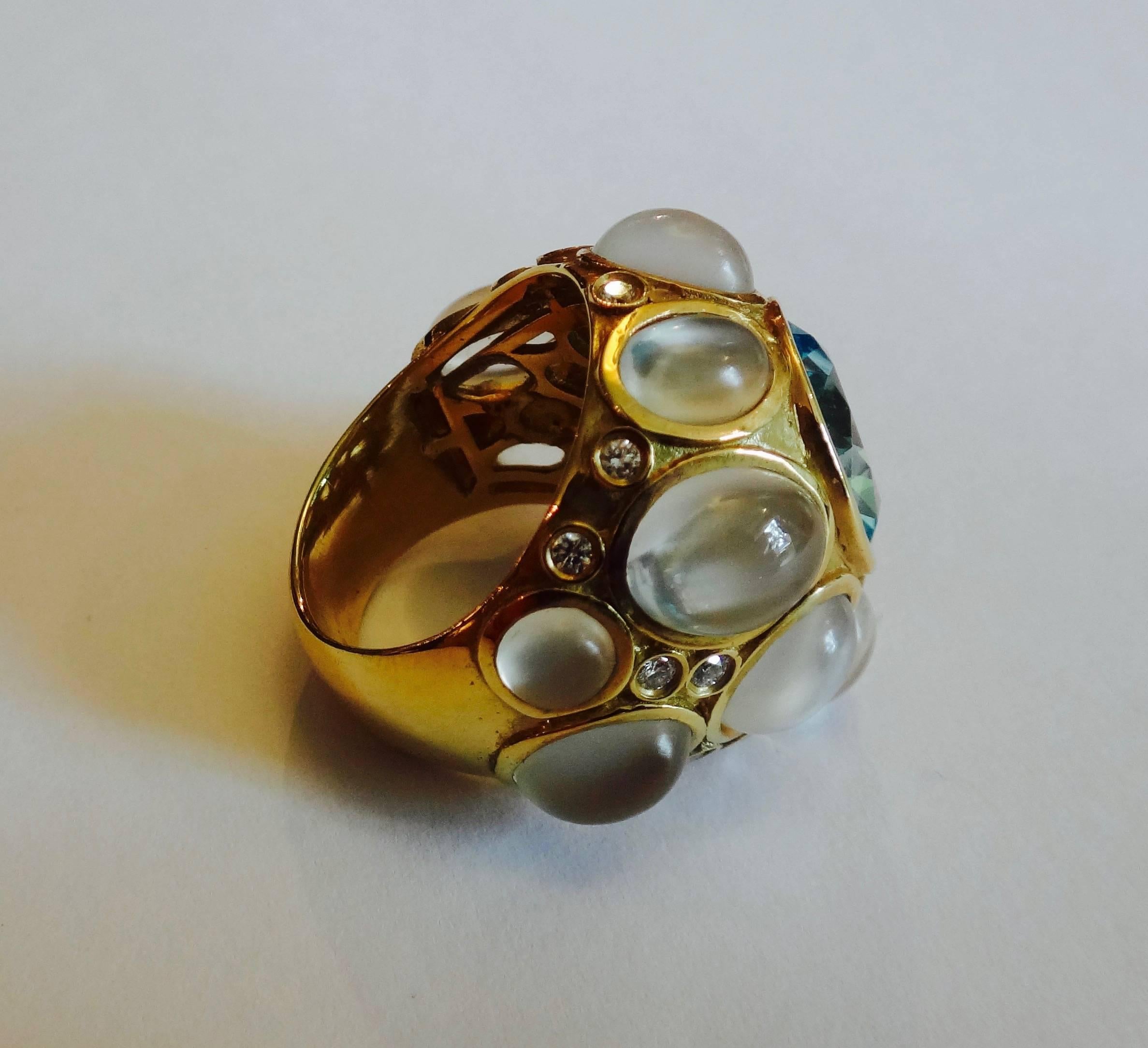 Blue Topaz Cat's Eye Moonstone Diamond Gold Ring In Excellent Condition In Austin, TX