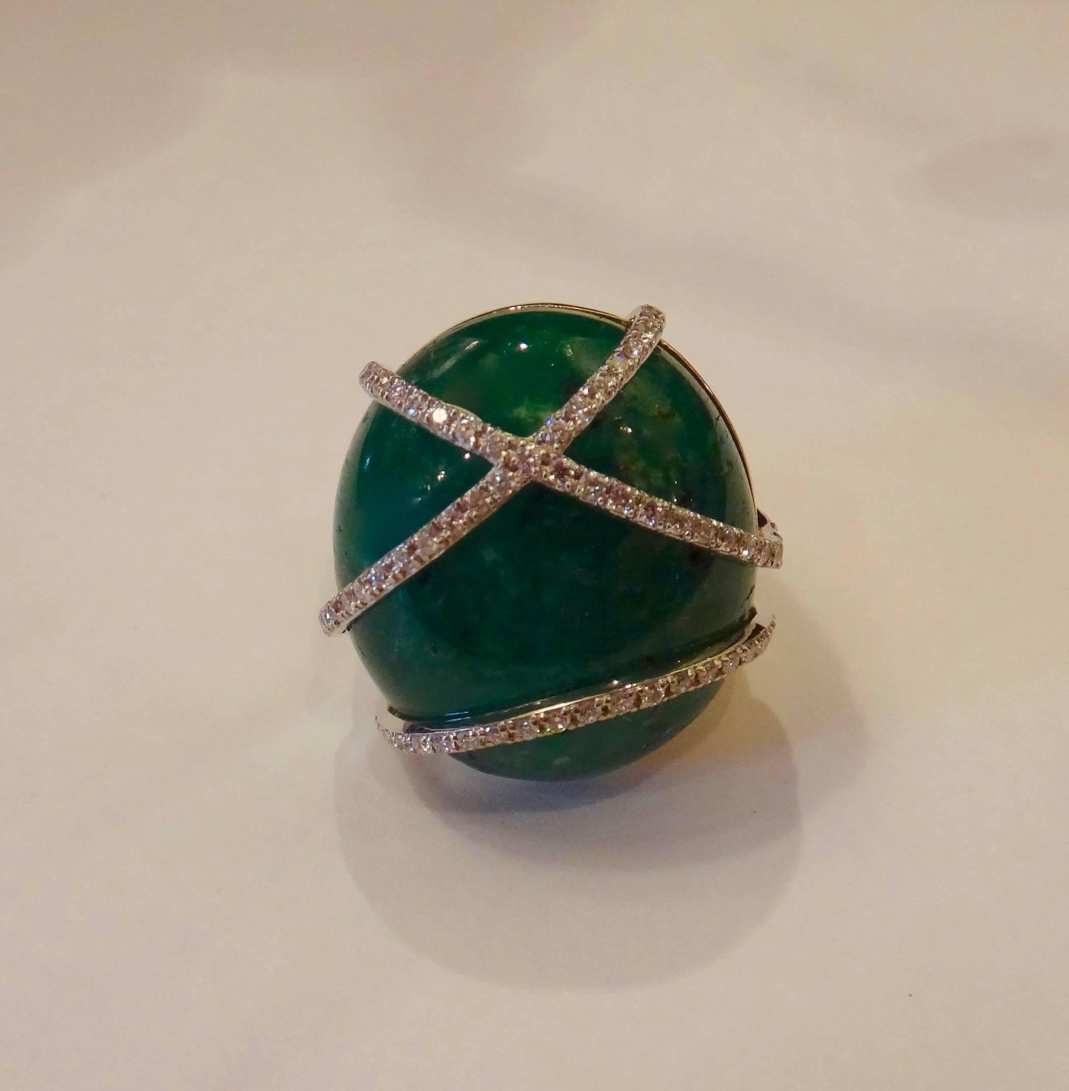 Emerald Cabochon Diamond Gold Dome Ring In Excellent Condition In Austin, TX