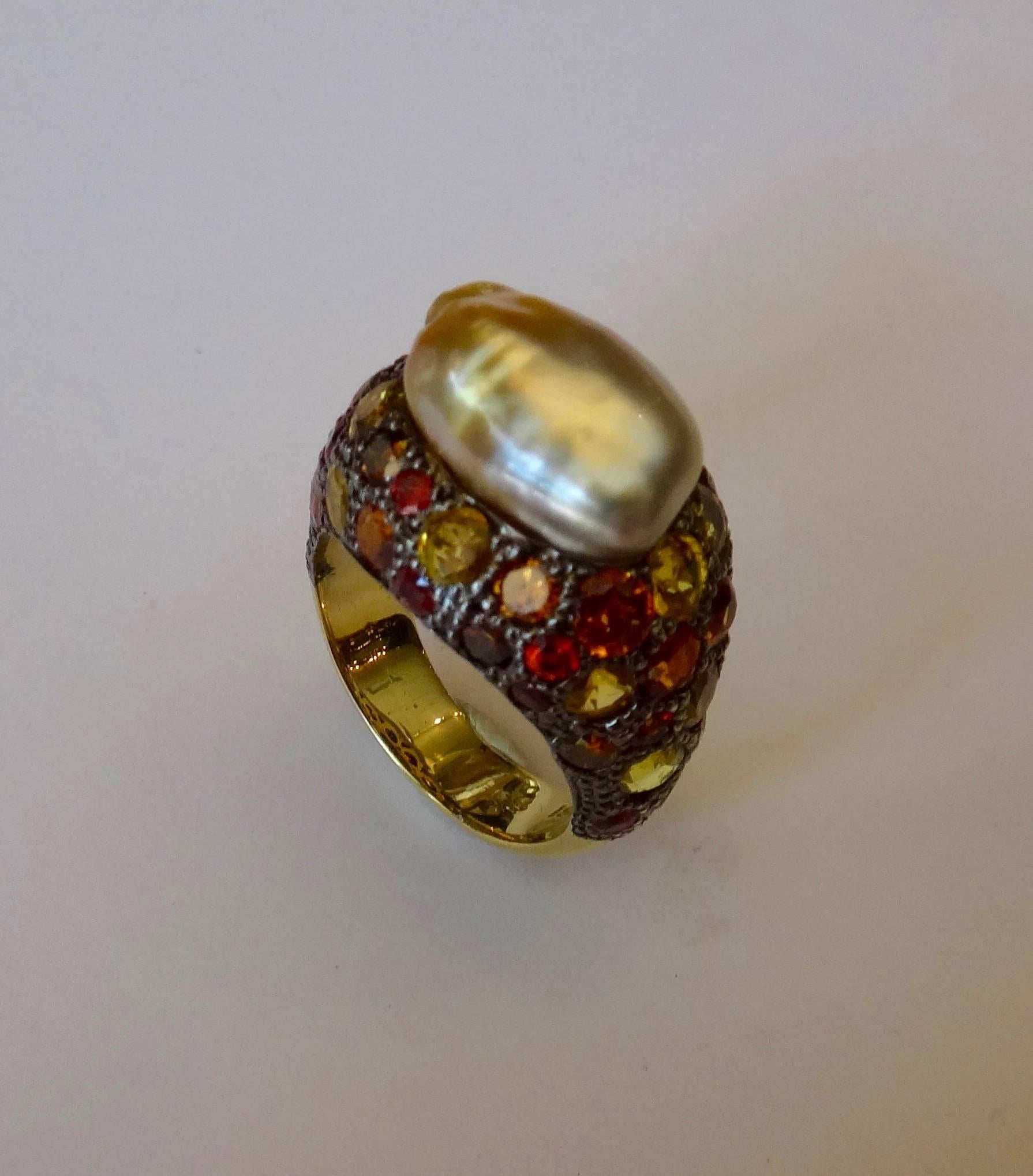 Contemporary Michael Kneebone Baroque Maluka Pearl Sapphire Diamond Gold Dome Ring
