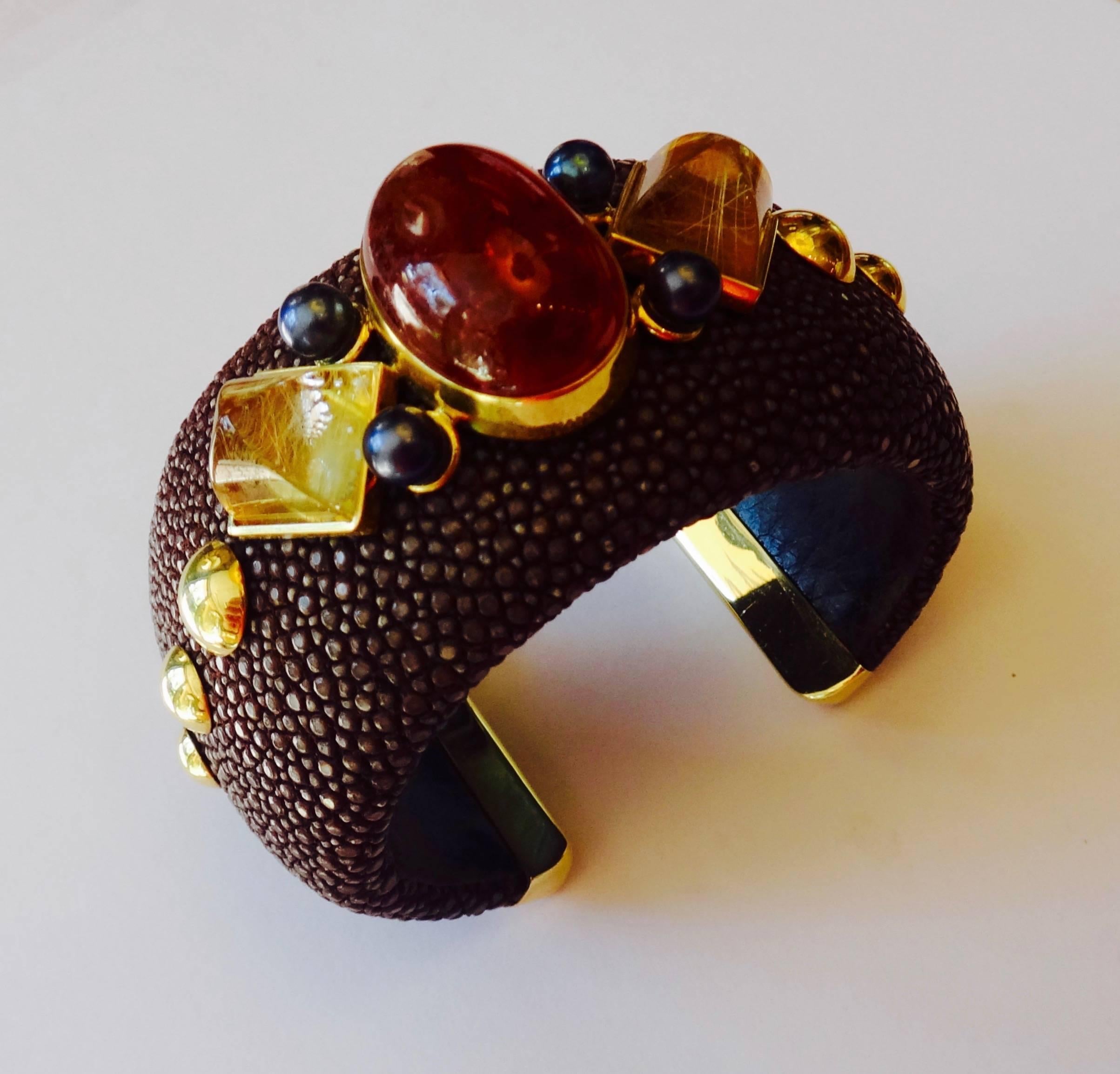 Contemporary Stingray Hessonite Garnet Rutilated Quartz Pearl Gold Cuff Bracelet