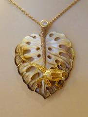Michael Kneebone Mother-of-Pearl Tahitian Pearl Diamond Frog On Leaf Pendant