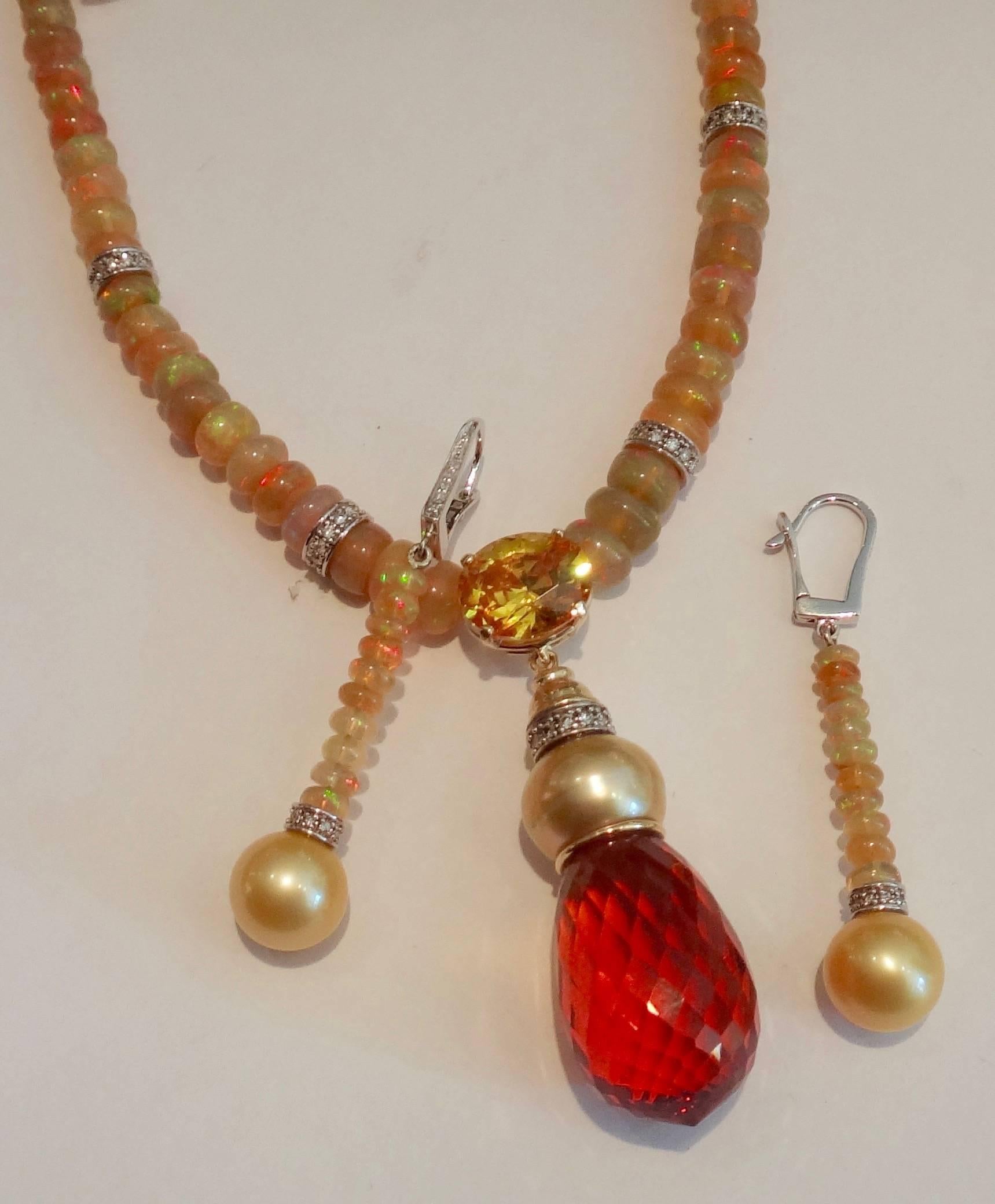 Mixed Cut Michael Kneebone Opal Bead Golden Pearl Zircon Citrine Diamond Necklace Suite For Sale