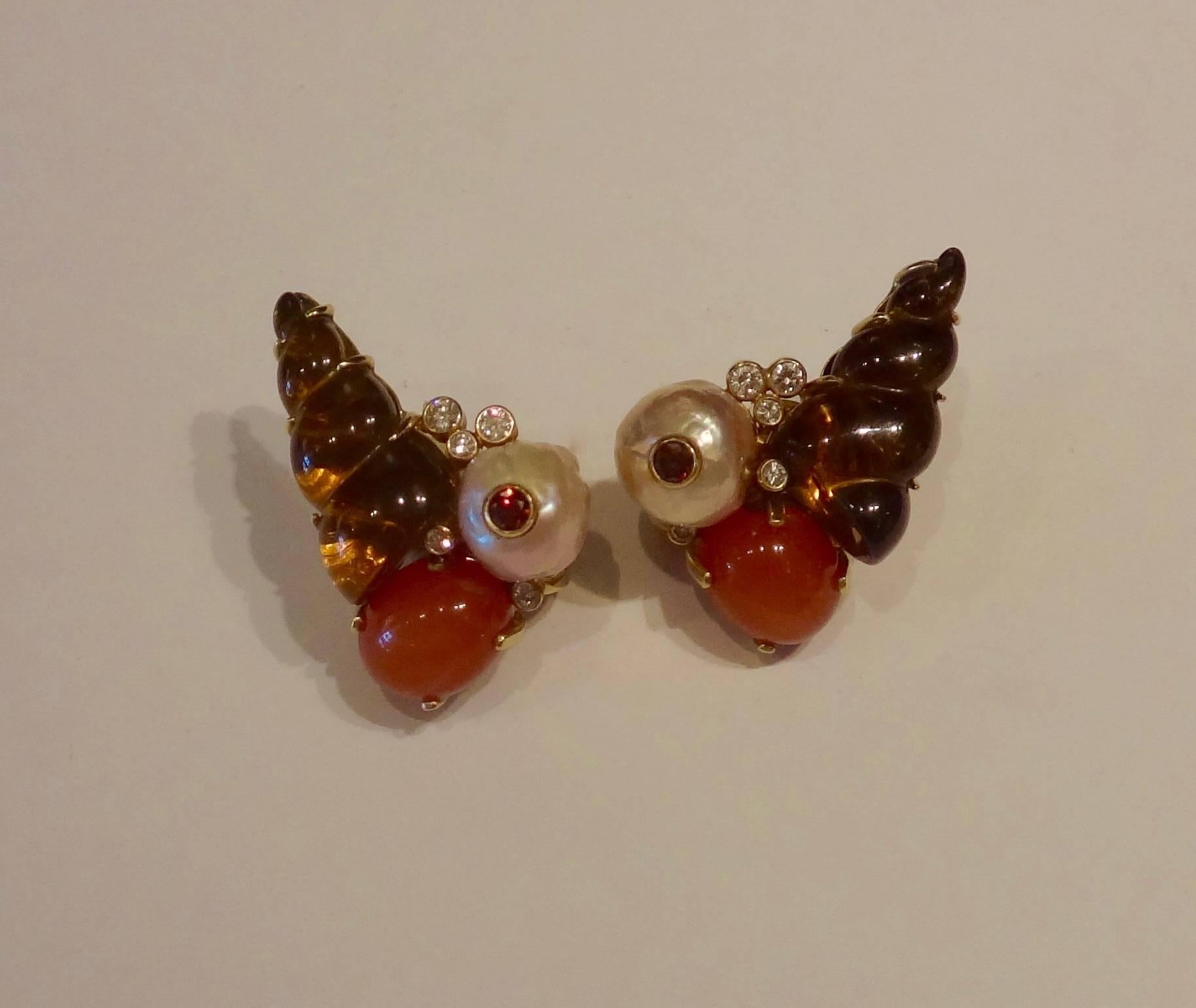 Contemporary Pearl Moonstone Citrine Cognac and White Diamond Sealife Earrings