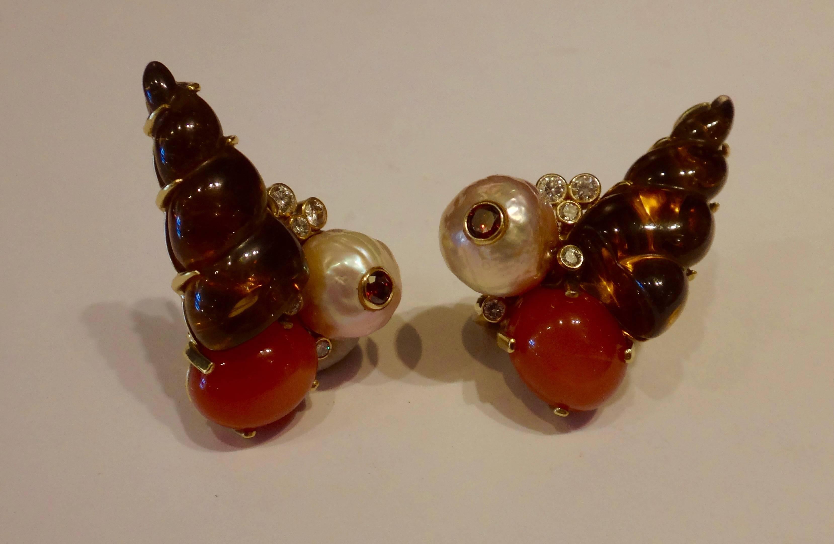 Pearl Moonstone Citrine Cognac and White Diamond Sealife Earrings In Excellent Condition In Austin, TX