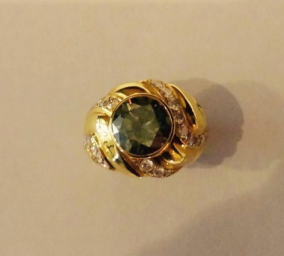 Michael Kneebone Green Zircon Pave Diamond 18k Gold Dome Ring In Excellent Condition In Austin, TX