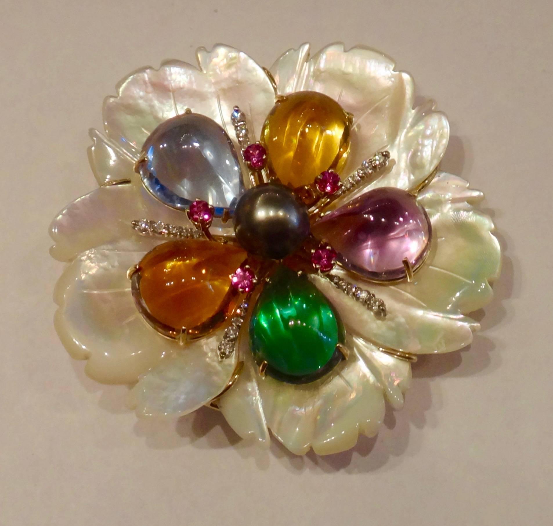 Women's Michael Kneebone Amethyst Citrine Topaz Pink Sapphire Diamond Flower Pendant