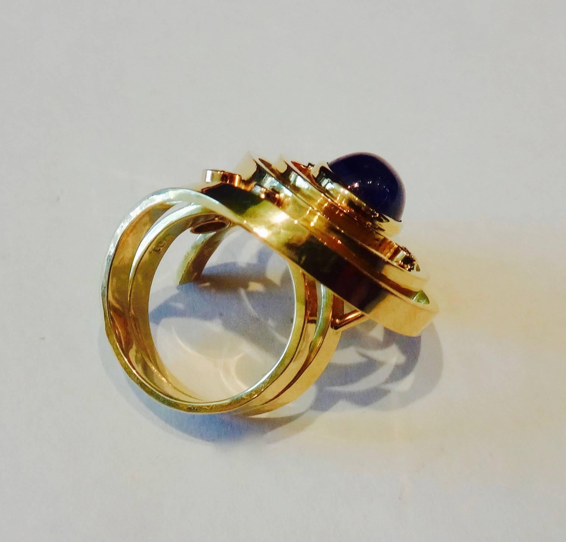 Contemporary Cabochon Blue Sapphire Diamond Gold Ring