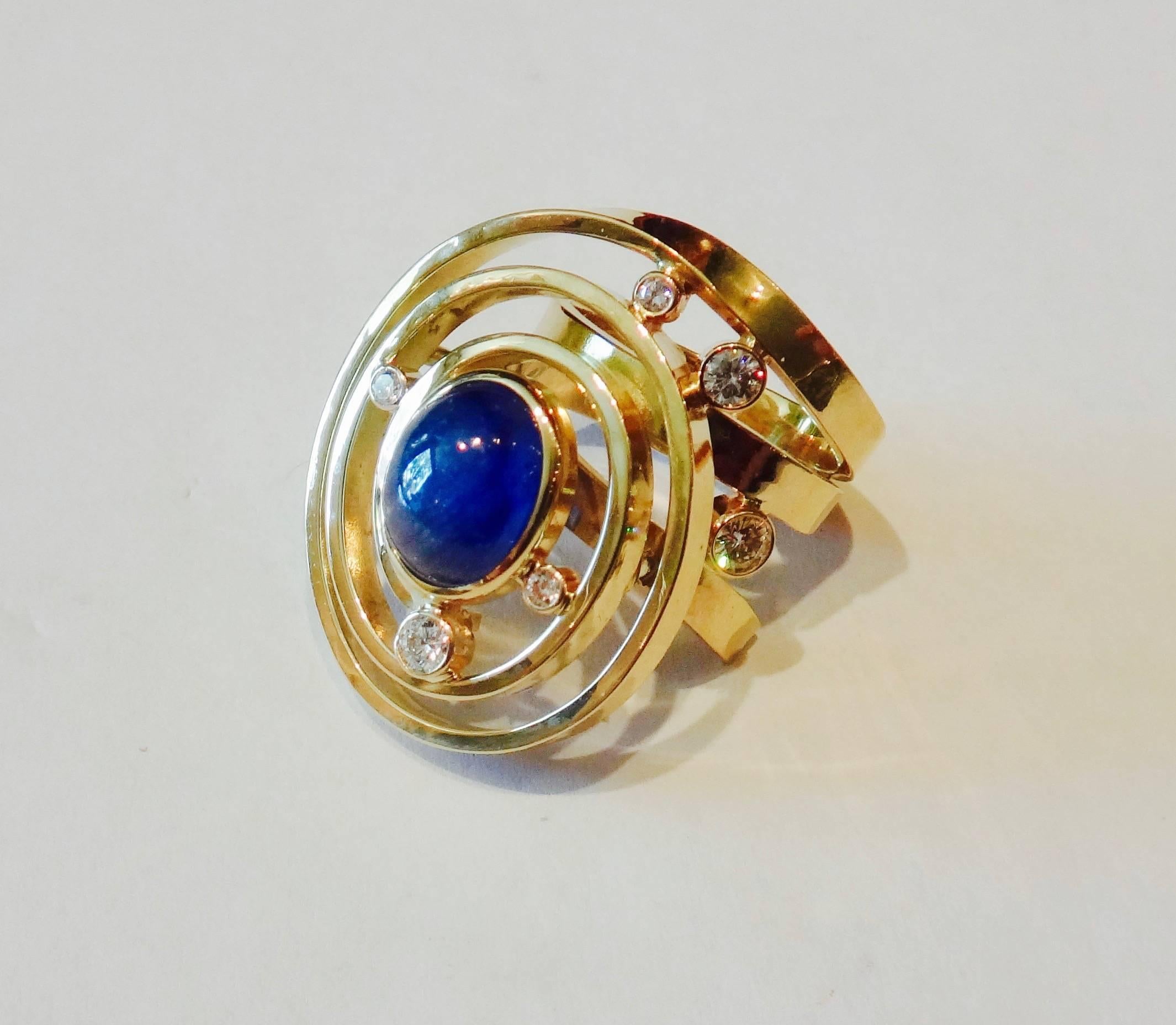Women's or Men's Cabochon Blue Sapphire Diamond Gold Ring