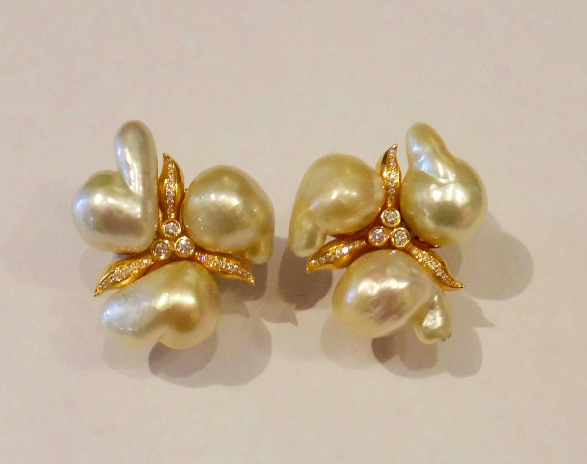 Contemporary Michael Kneebone Baroque Maluka Pearl Diamond 18K Gold Cluster Earrings