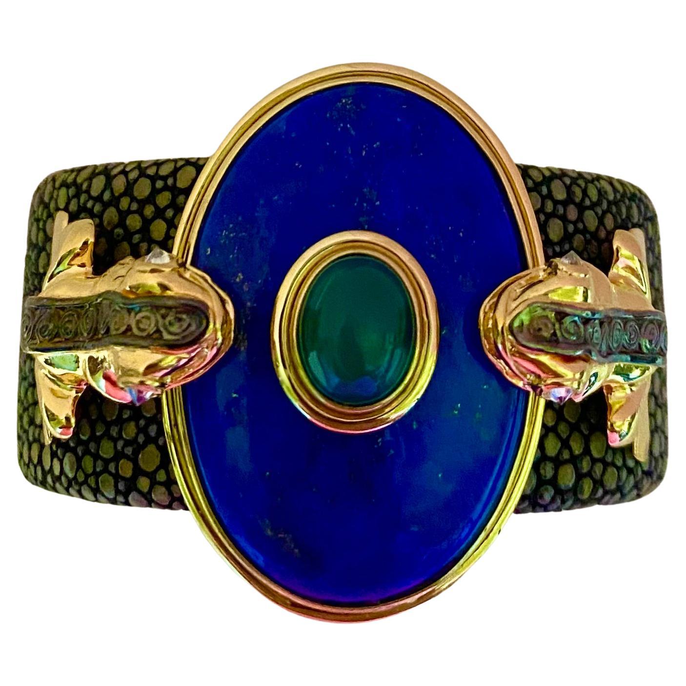 Michael Kneebone Lapis Emerald Diamond Stringray Inca Frog Cuff Bracelet