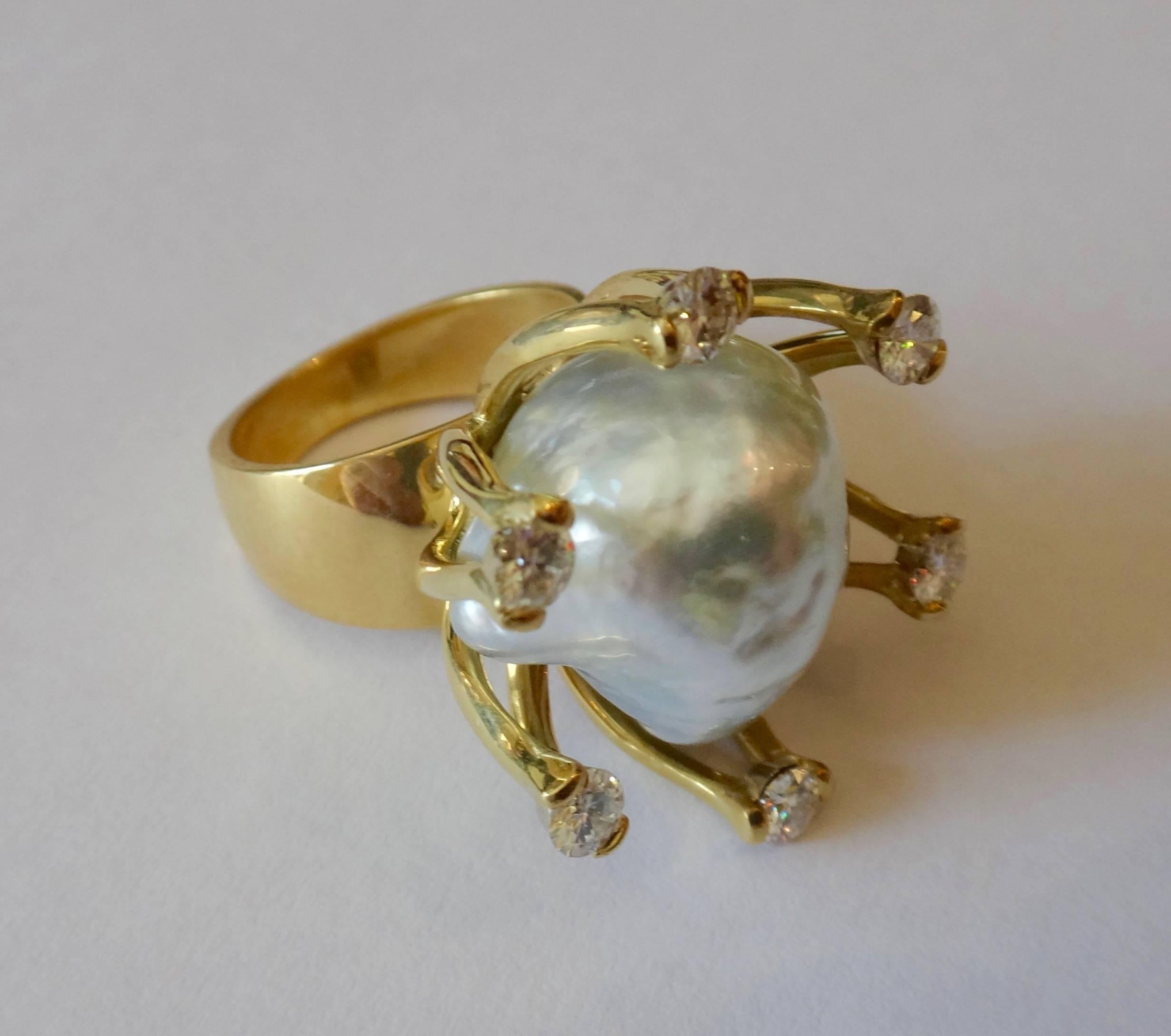 Contemporary Baroque Tahitian Pearl Diamond Gold Ring