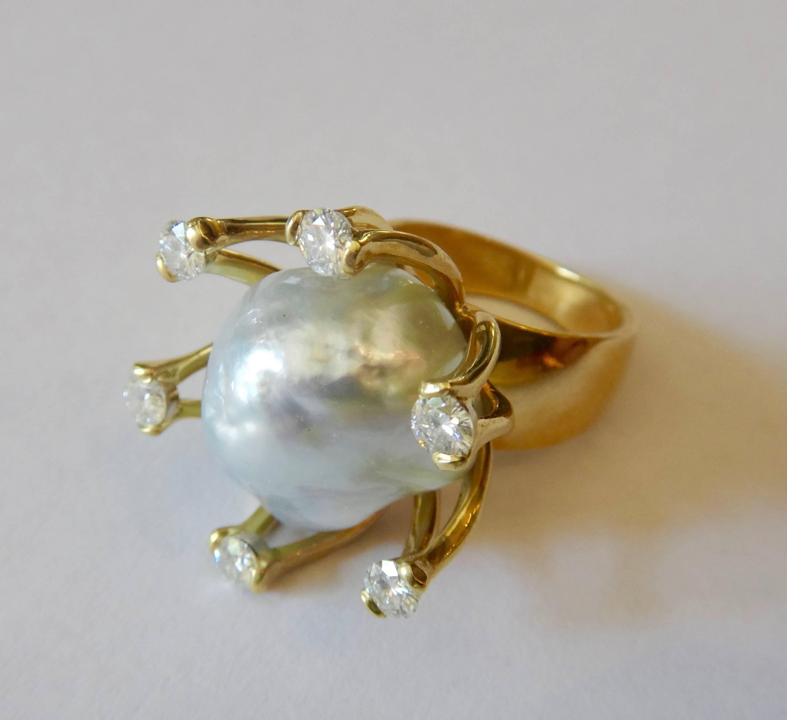 Women's Baroque Tahitian Pearl Diamond Gold Ring