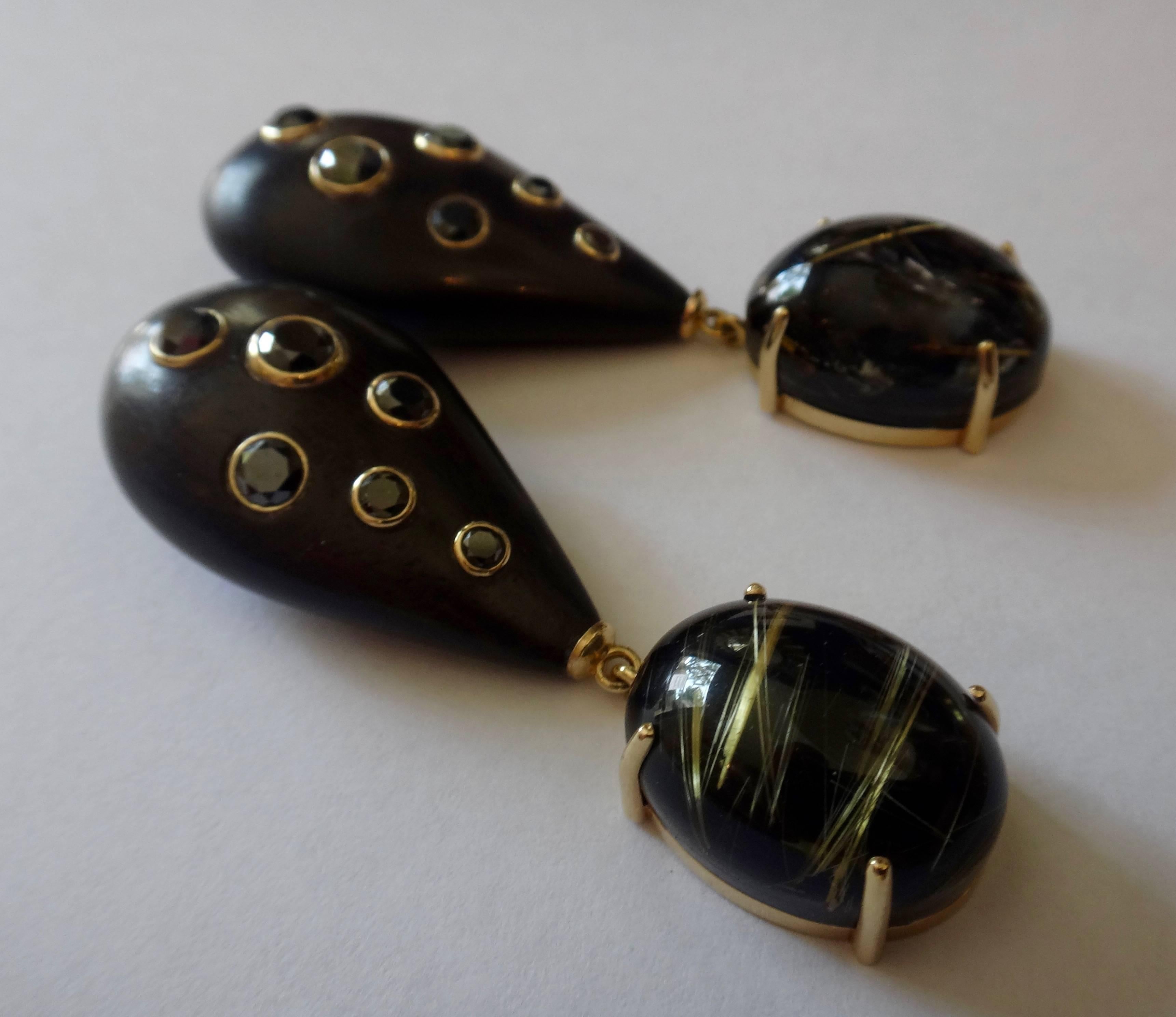 Contemporary Michael Kneebone Rutilated Quartz Ebony Black Diamond Gold Dangle Earrings